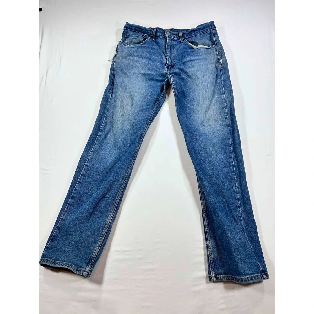Levis 505 Regular Fit Straight Leg Jeans Blue Medium Wash Mens 34x32 Distressed